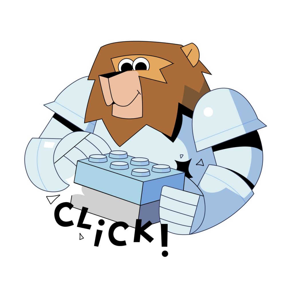 Roar Lyte lion mascot by 1771 Technologies snapping a blue modular building block into place with a "CLICK!" visual effect.