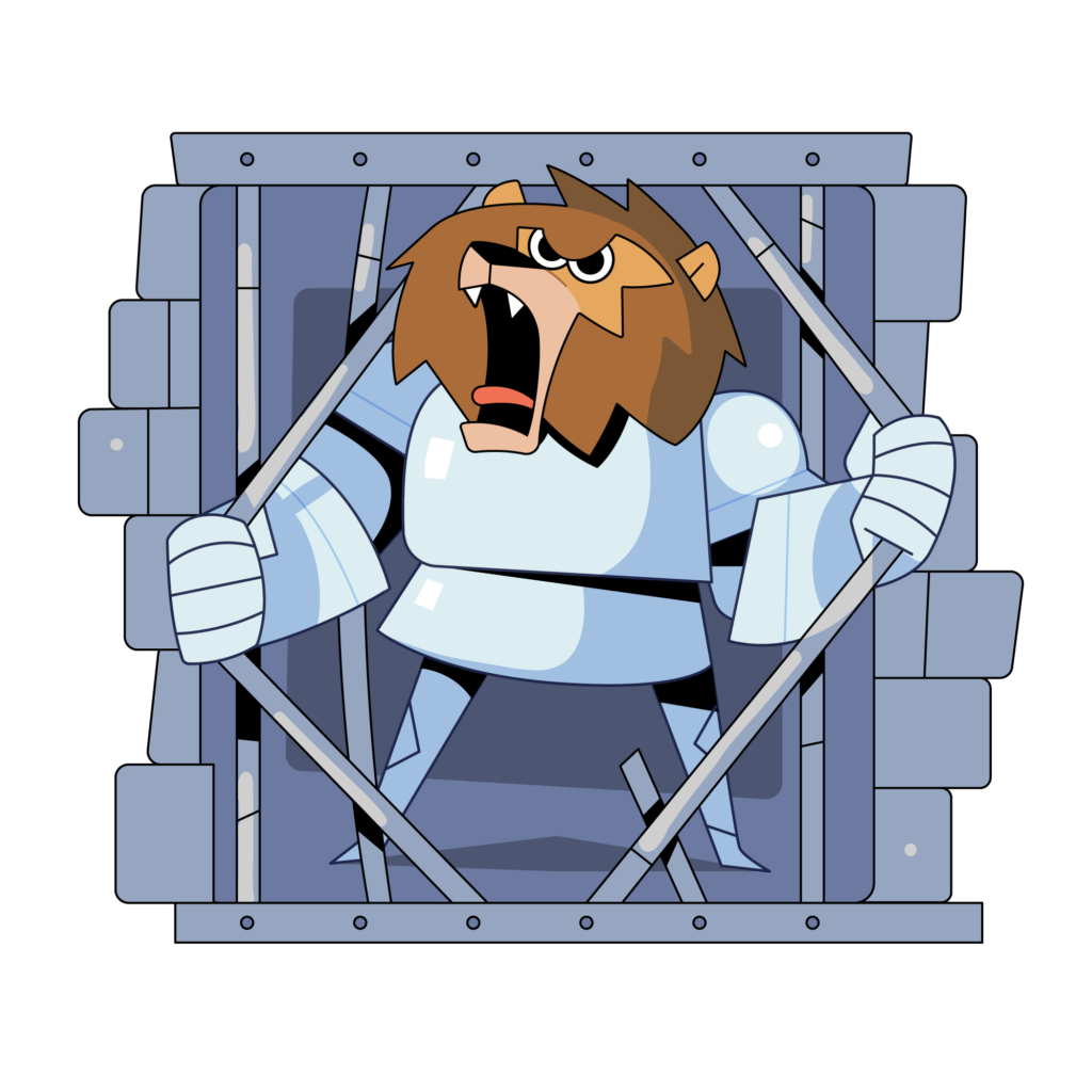RoarLyte Mascot Design roaring while forcefully bending the metal bars of a cage to break free.