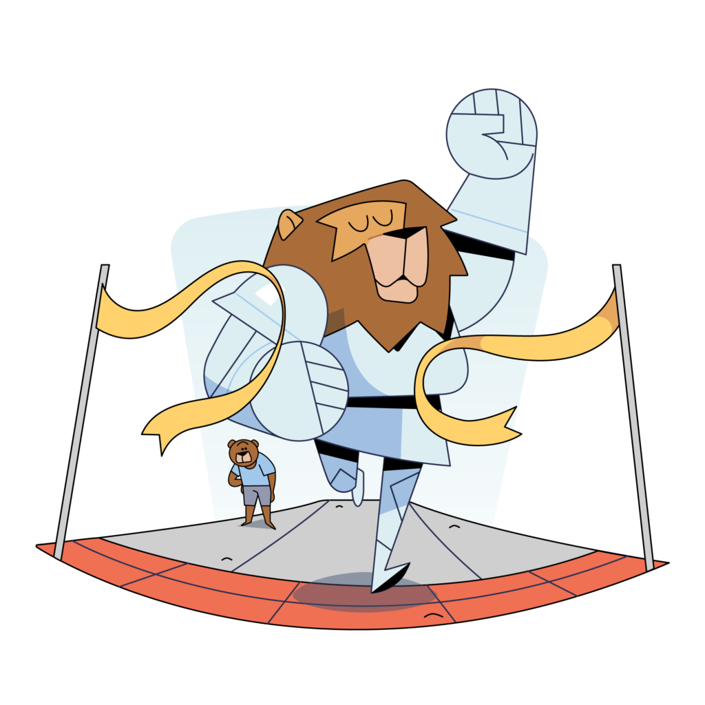 Roar Lyte mascot running through a finish line ribbon at a stadium, celebrating a race victory.