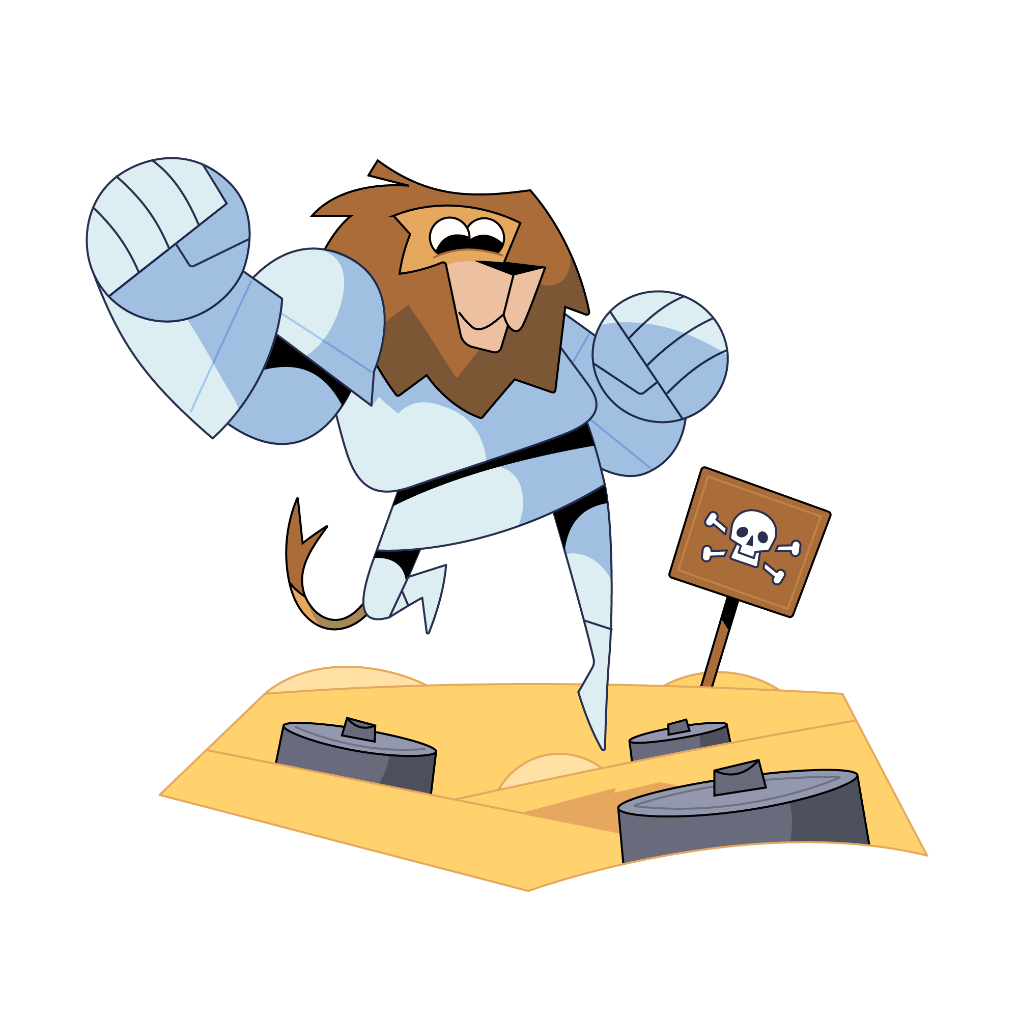 RoarLyte Mascot Design: Playful illustration of the RoarLyte mascot jumping and dancing over landmines and traps.