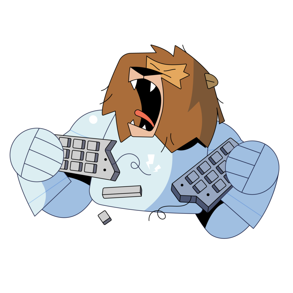 Funny illustration of the Roar Lyte mascot roaring in frustration and breaking a computer keyboard.