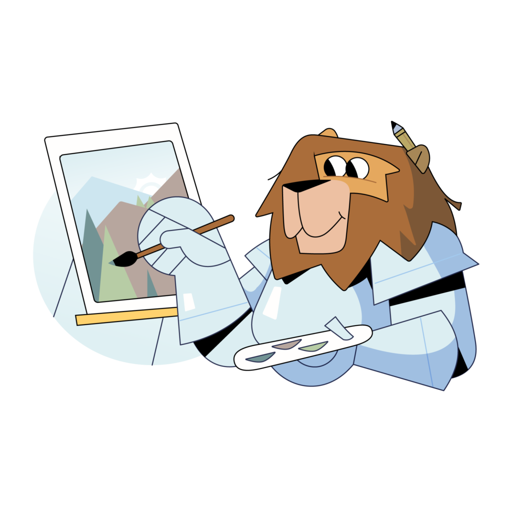 Roar Lyte mascot sitting at an easel, painting a landscape with a brush and palette.