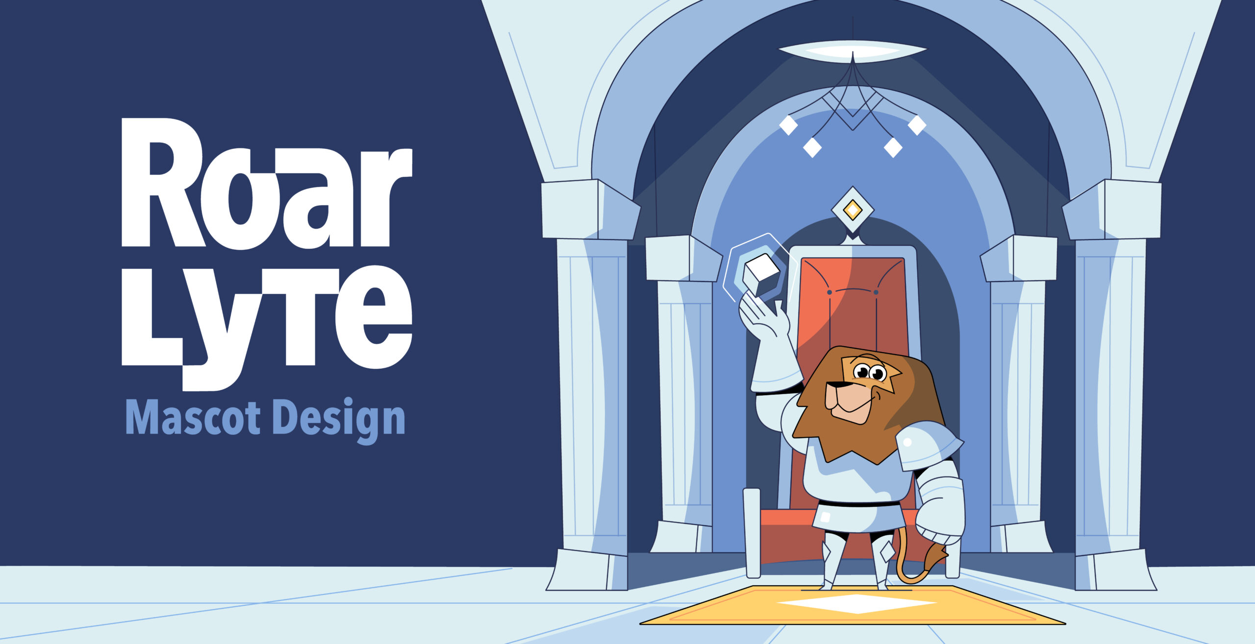 RoarLyte Mascot Design: featuring a lion knight character symbolizing protection and innovation. The character is shown holding a digital cube artifact in a bright, modern palace setting.