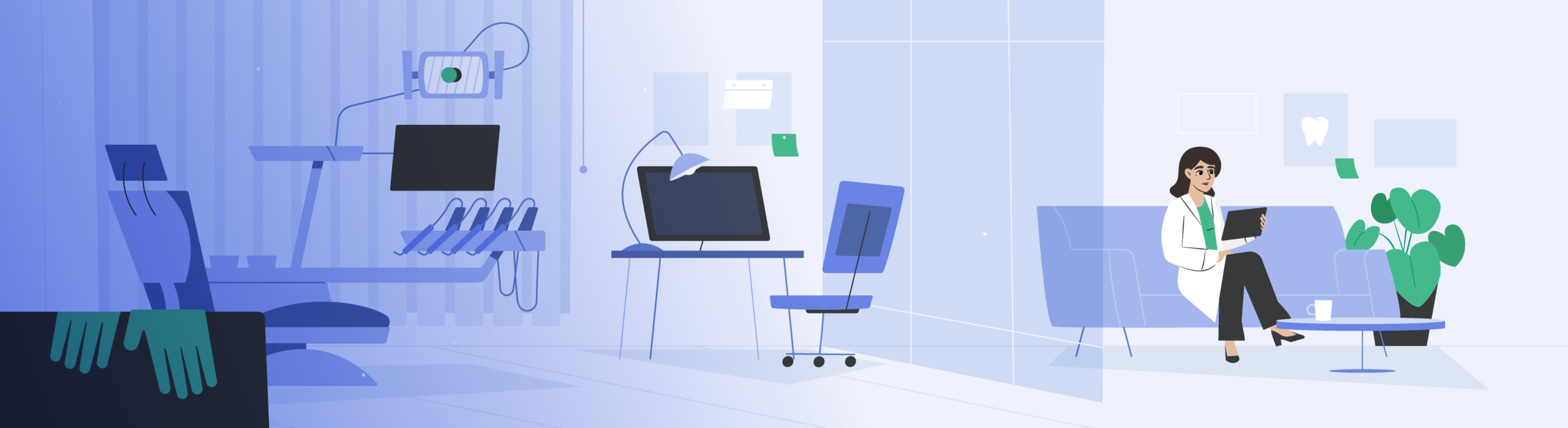 Digital dental office illustration for a global community explainer featuring a female professional in a modern clinical workspace.