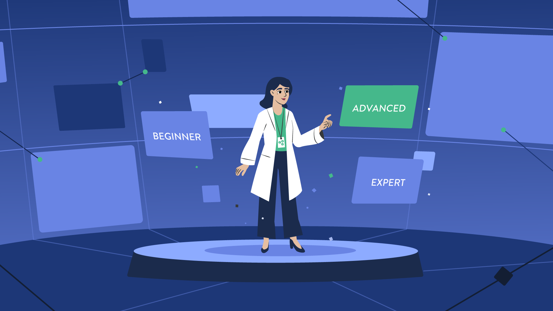 Dental platform explainer illustration showing a female professional on a digital stage selecting 'Advanced' career progression levels from beginner to expert.