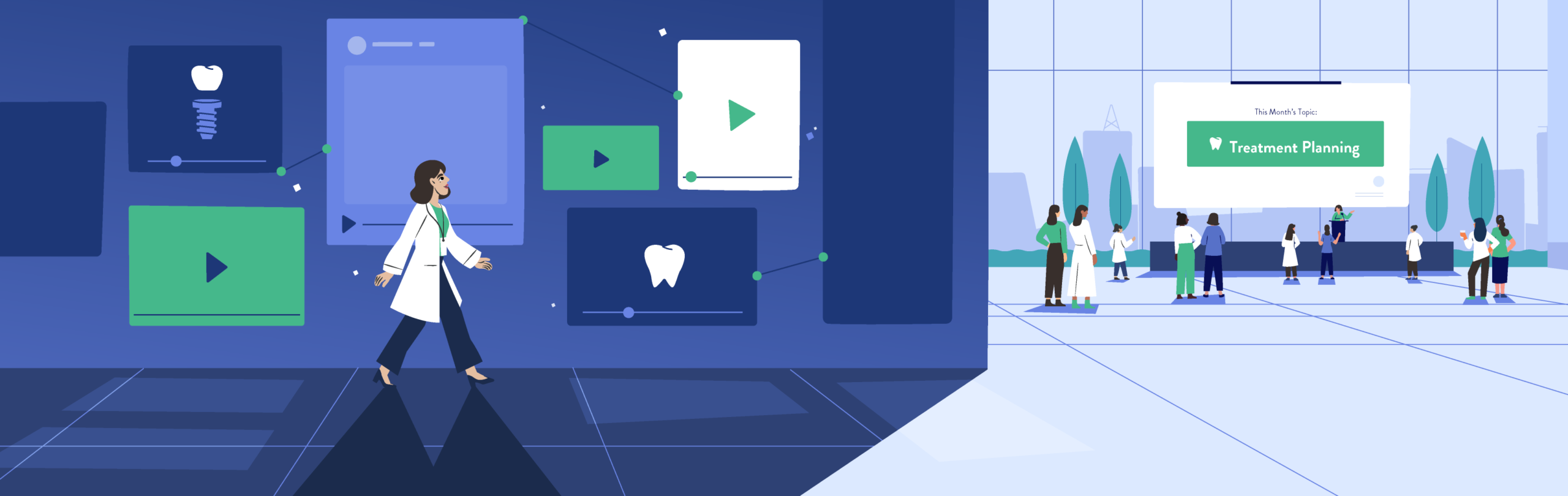 Global community explainer artwork showing a dental platform's digital interface and a treatment planning presentation for women in dentistry.