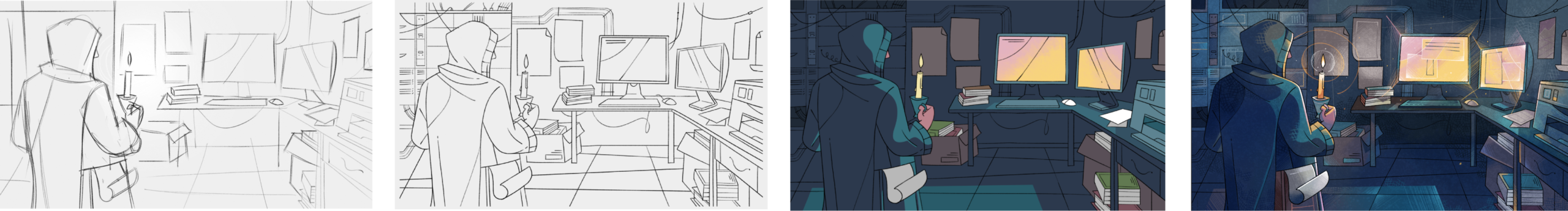 Editorial illustration process: surrealdb post-apocalyptic scene from sketch to final color