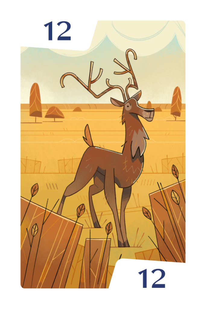 Mathsylvania board game illustration: Autumn deer in the field (answer 12)