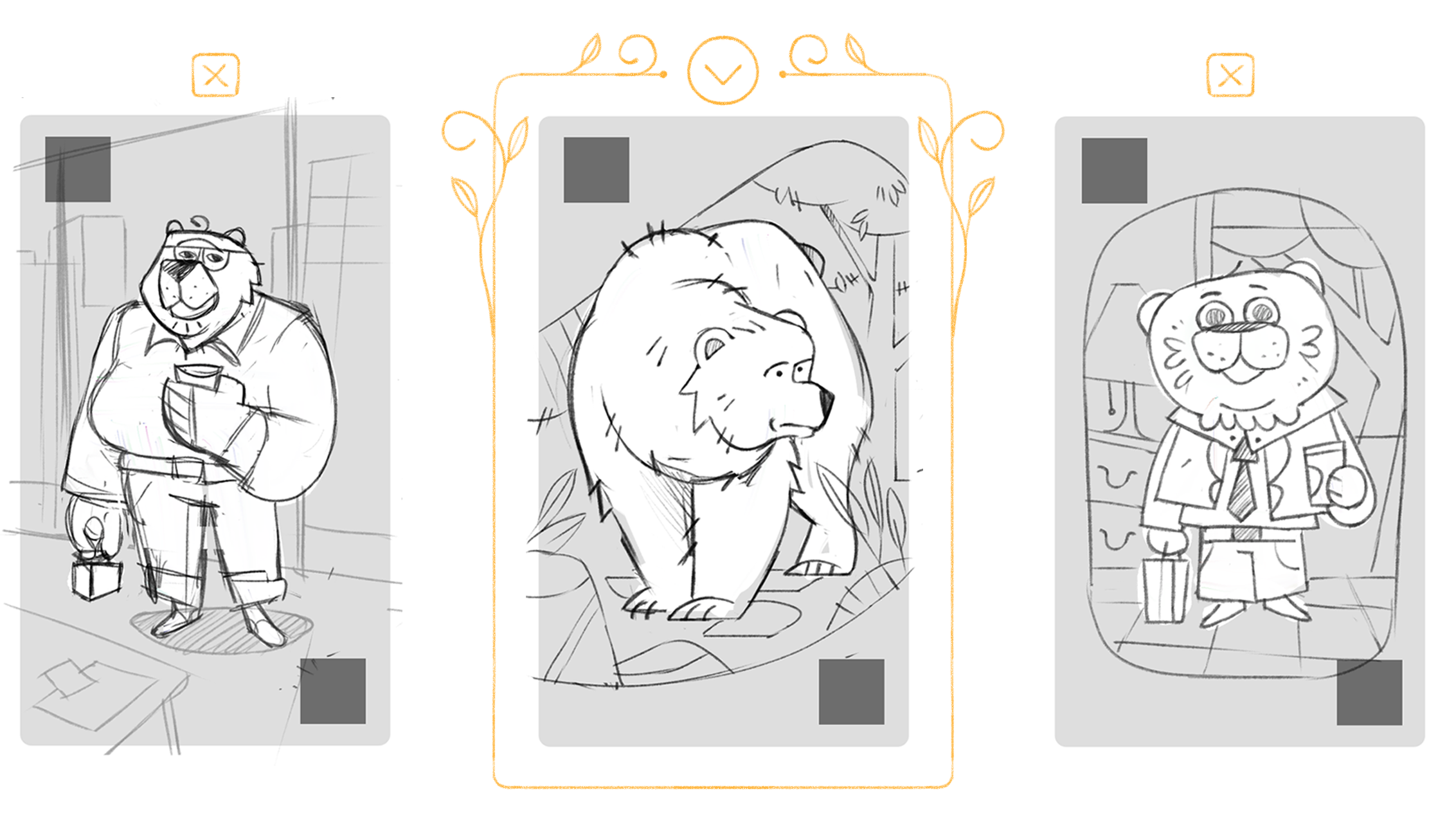 Mathslyvania board game illustration: character exploration sketches for animal cards.