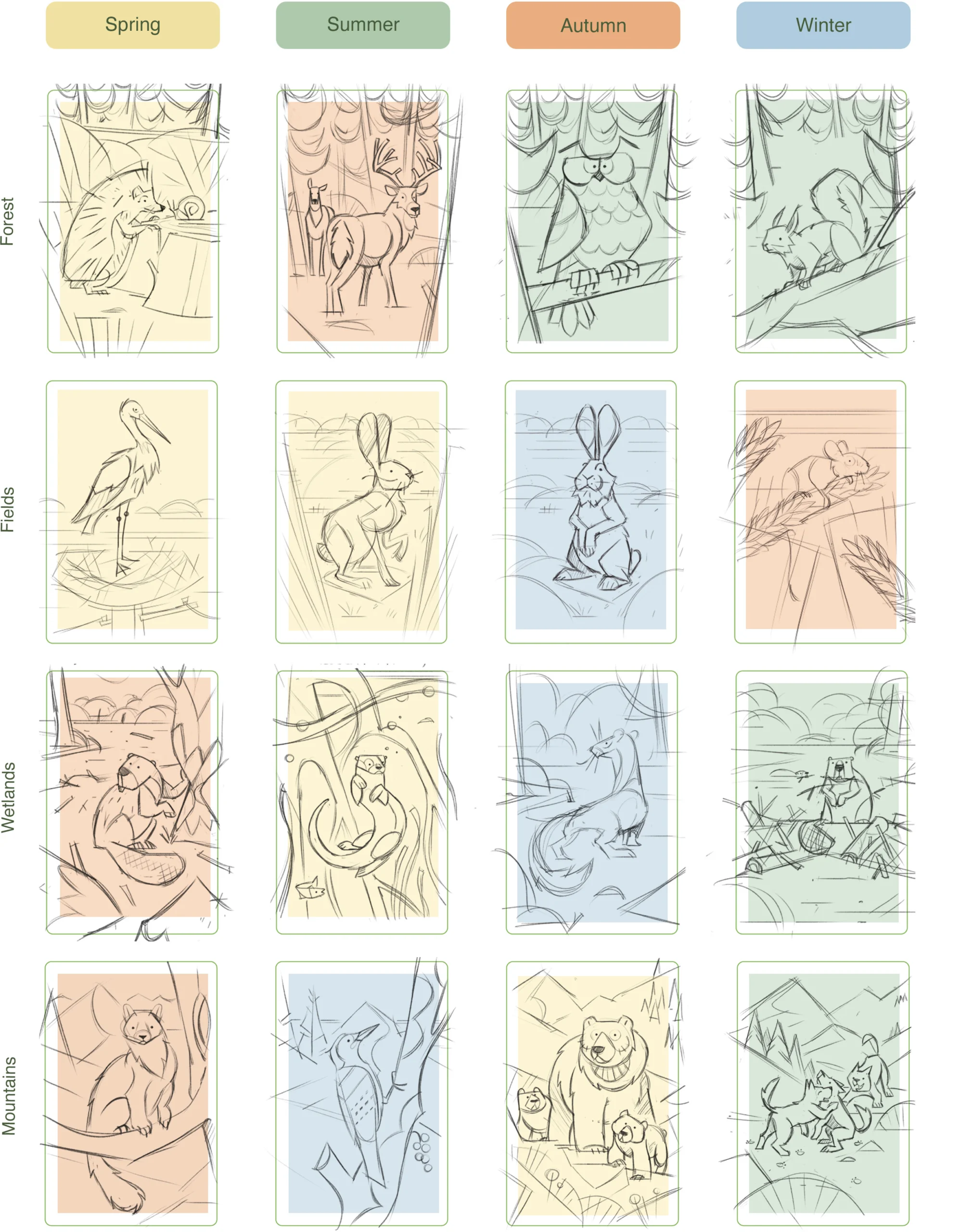 Grid of 12 pencil sketch cards for Mathslyvania, featuring stylized drawings of a stork, hares, a mouse, beavers, otters, a fox, and a bear family.
