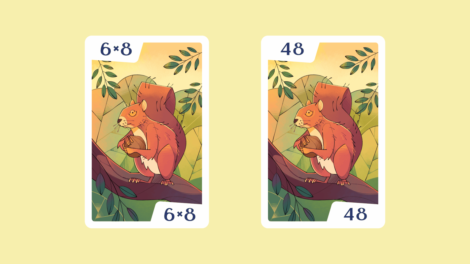 Animation of Mathsylvania cards flipping, revealing stylized animal board game illustrations on one side and a decorative back on the other.