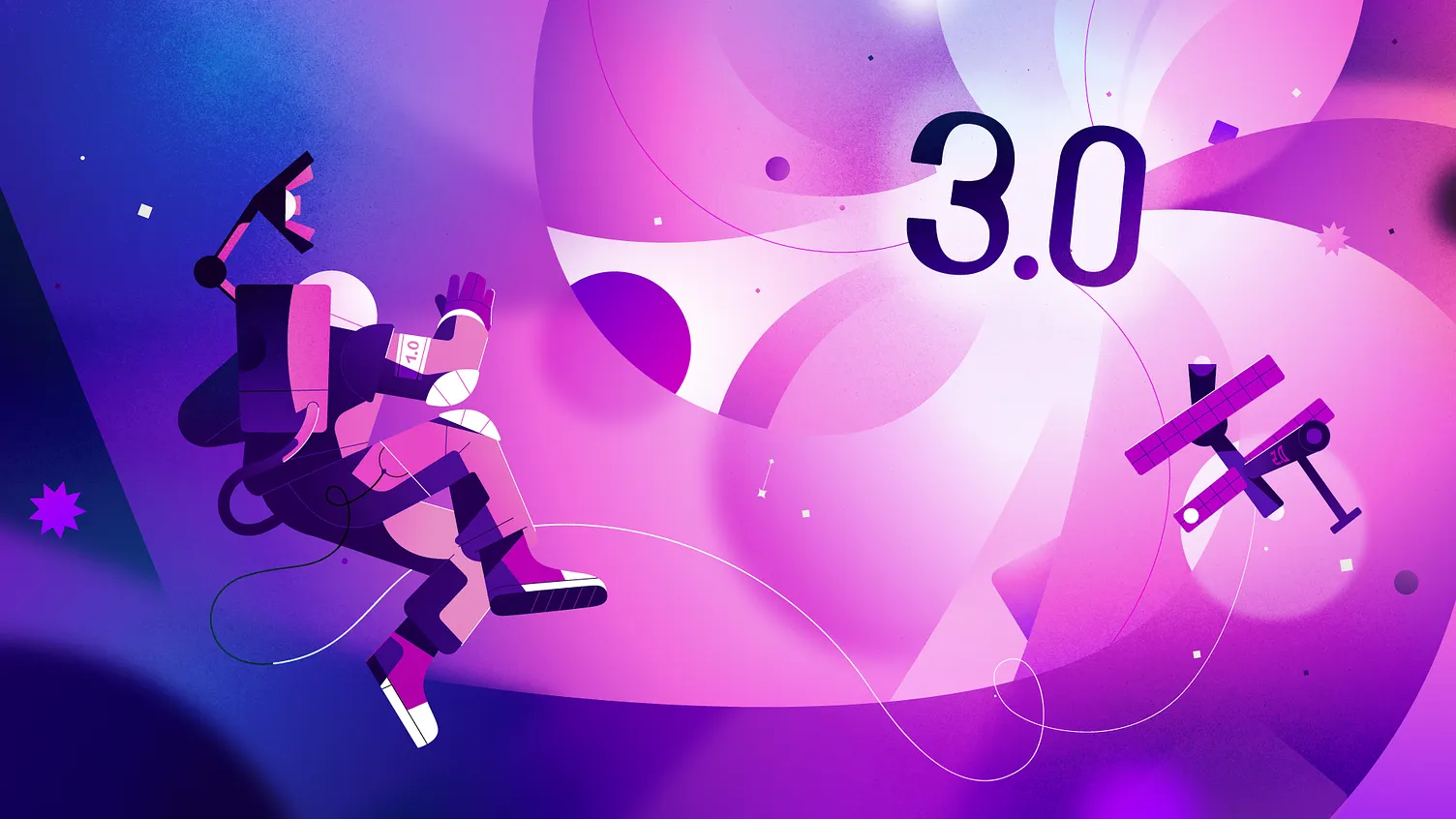 An astronaut floating in purple space near a '3.0' version number, symbolizing a major software release.