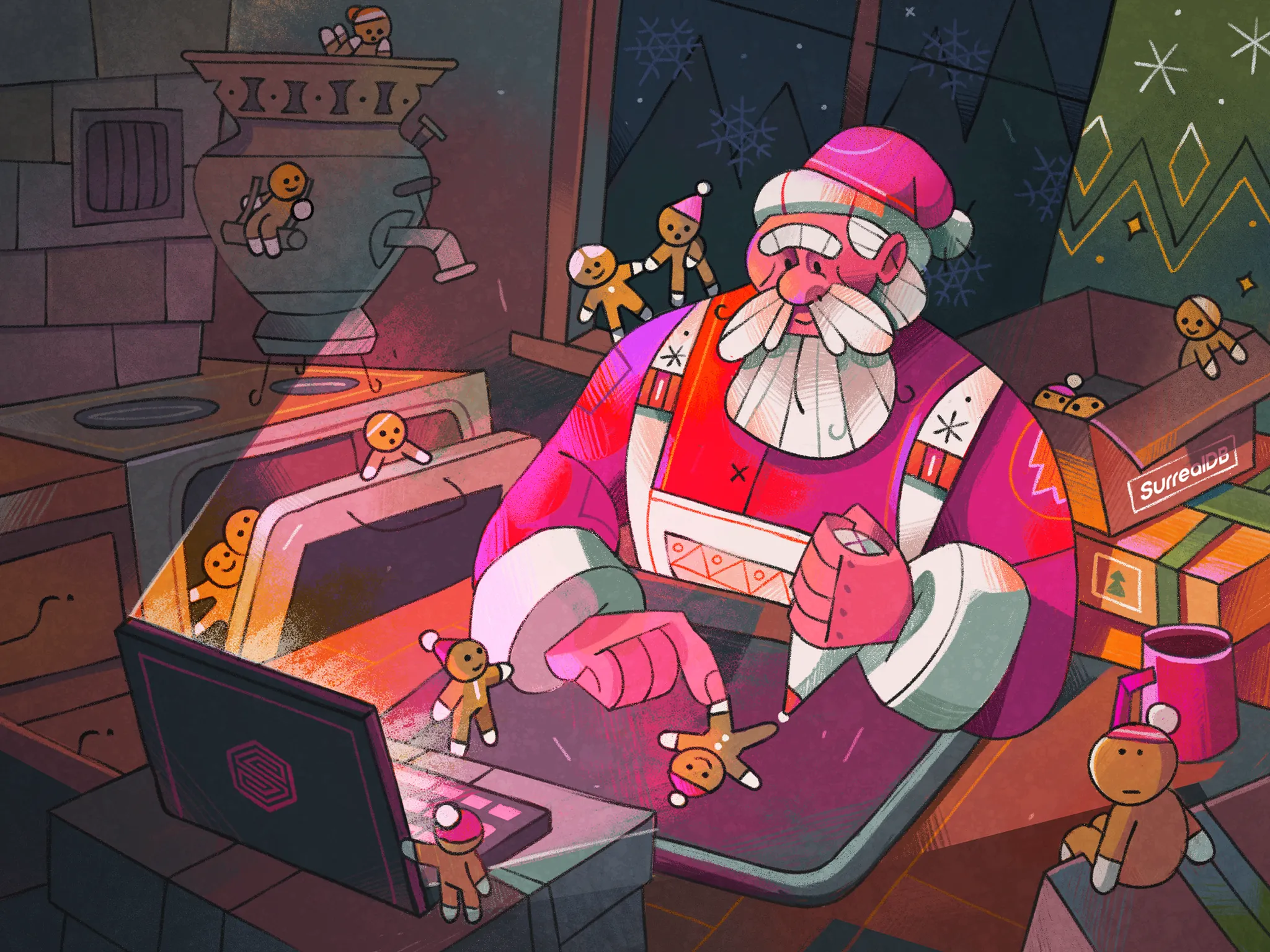 A festive editorial illustration for SurrealDB featuring Santa Claus working with gingerbread people at a desk, part of a special free-flowing style holiday postcard series.