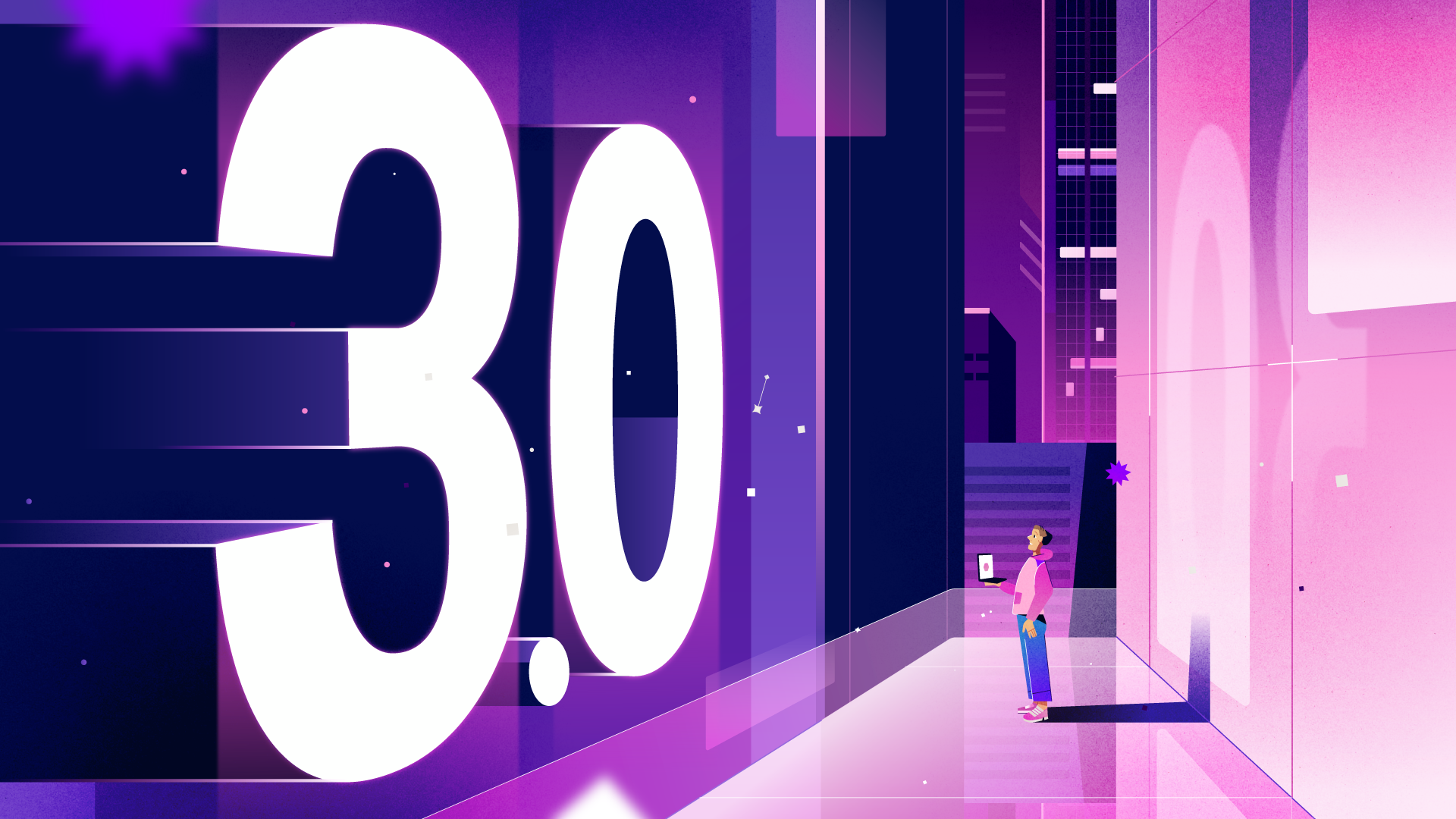 A user with a tablet looks at a huge glowing number '3.0' in a digital landscape, symbolizing a major software update.