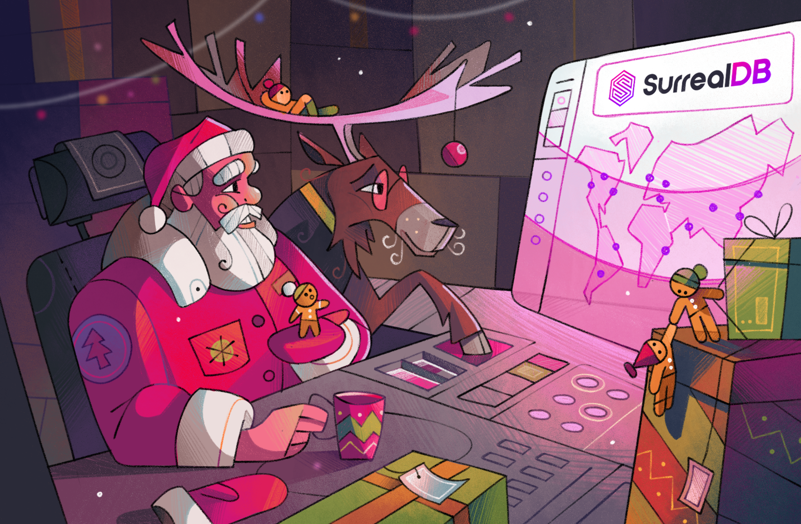 Santa Claus and a reindeer in a high-tech control room with a SurrealDB world map, featuring a cozy yet modern holiday vibe.