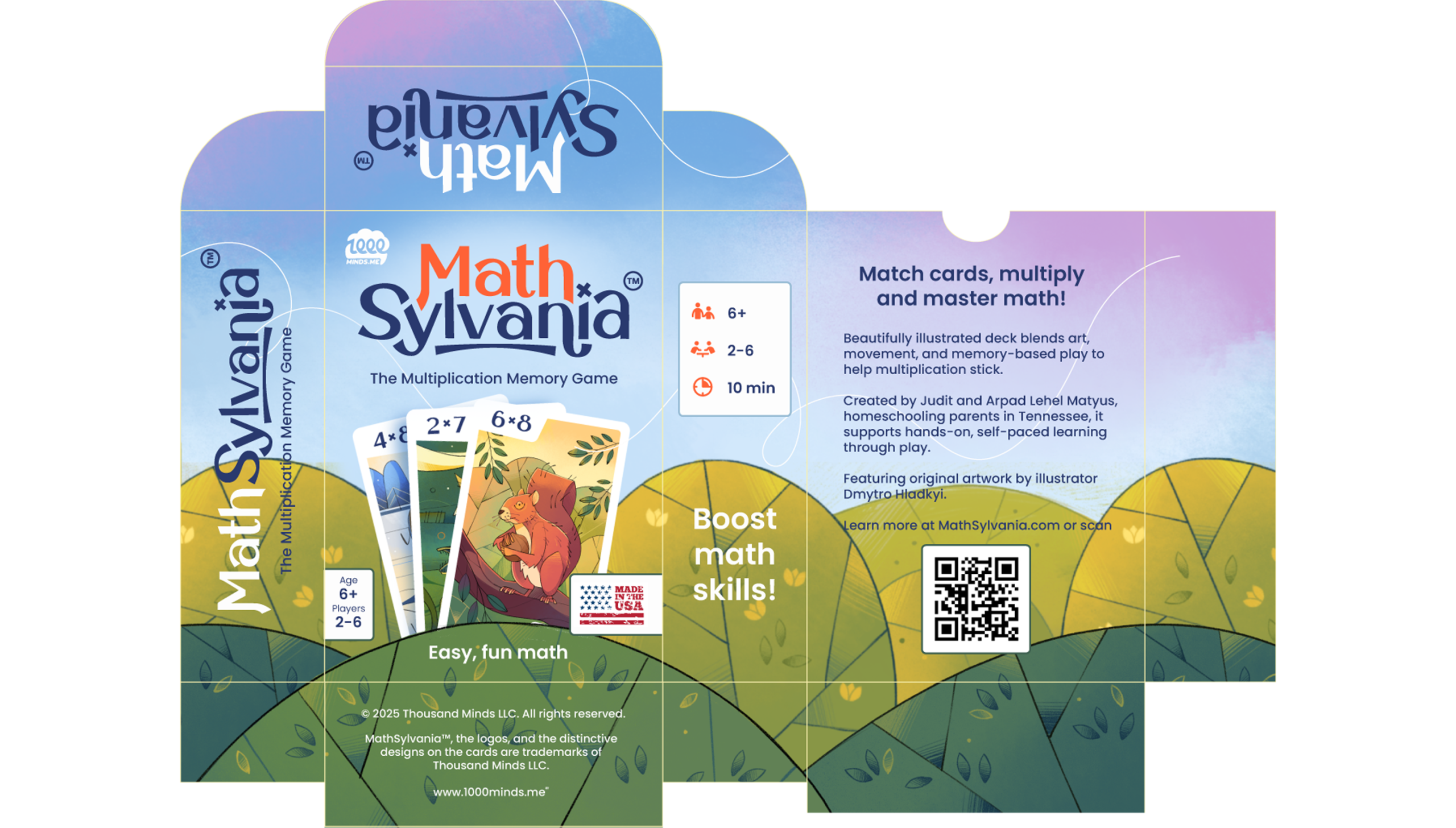 Full box flat design for Mathsylvania game, showcasing custom board game illustration and packaging layout for a 72-card deck.
