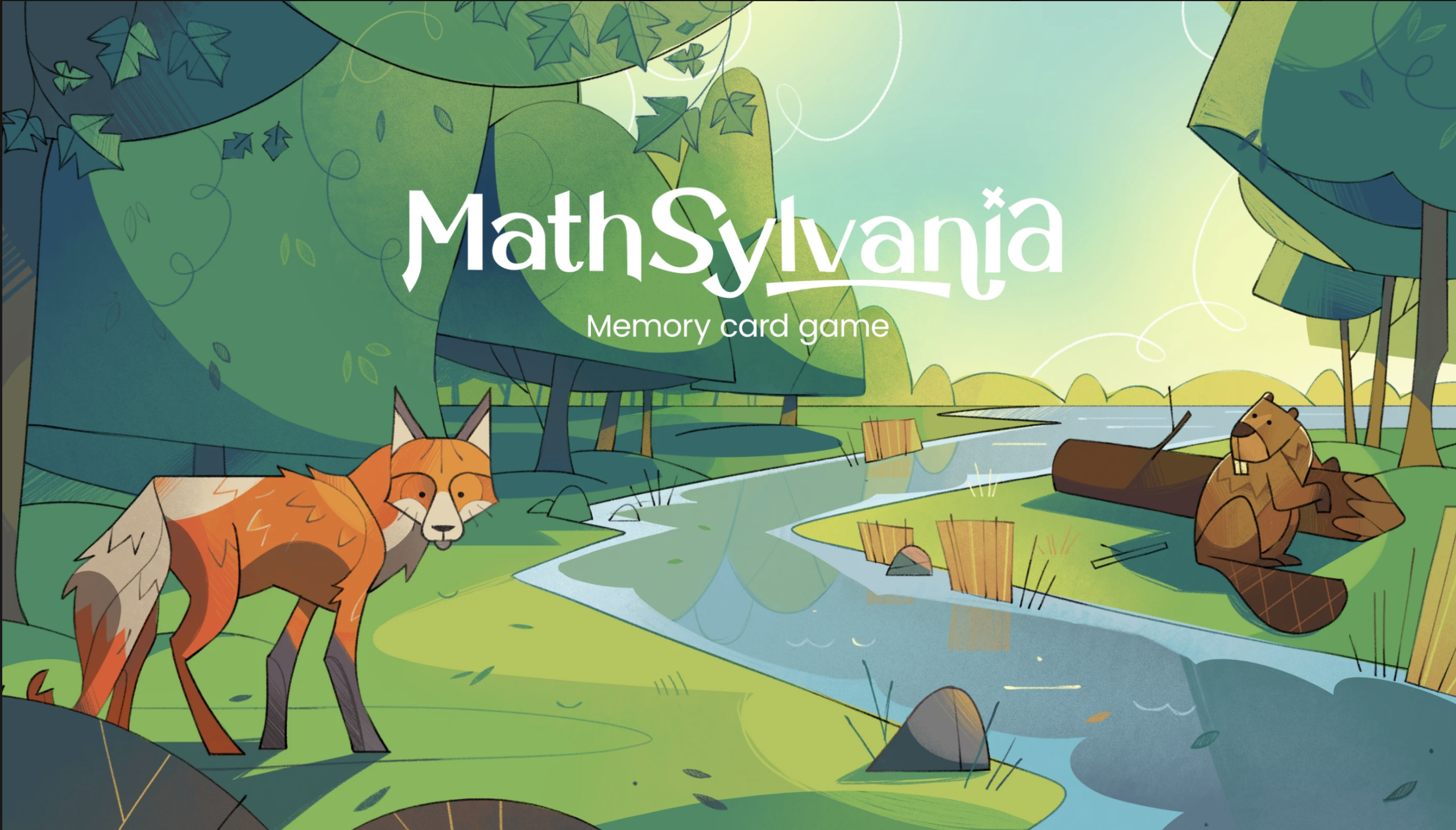 Cover art for MathSylvania memory card game featuring a stylized forest landscape with a fox and a beaver.