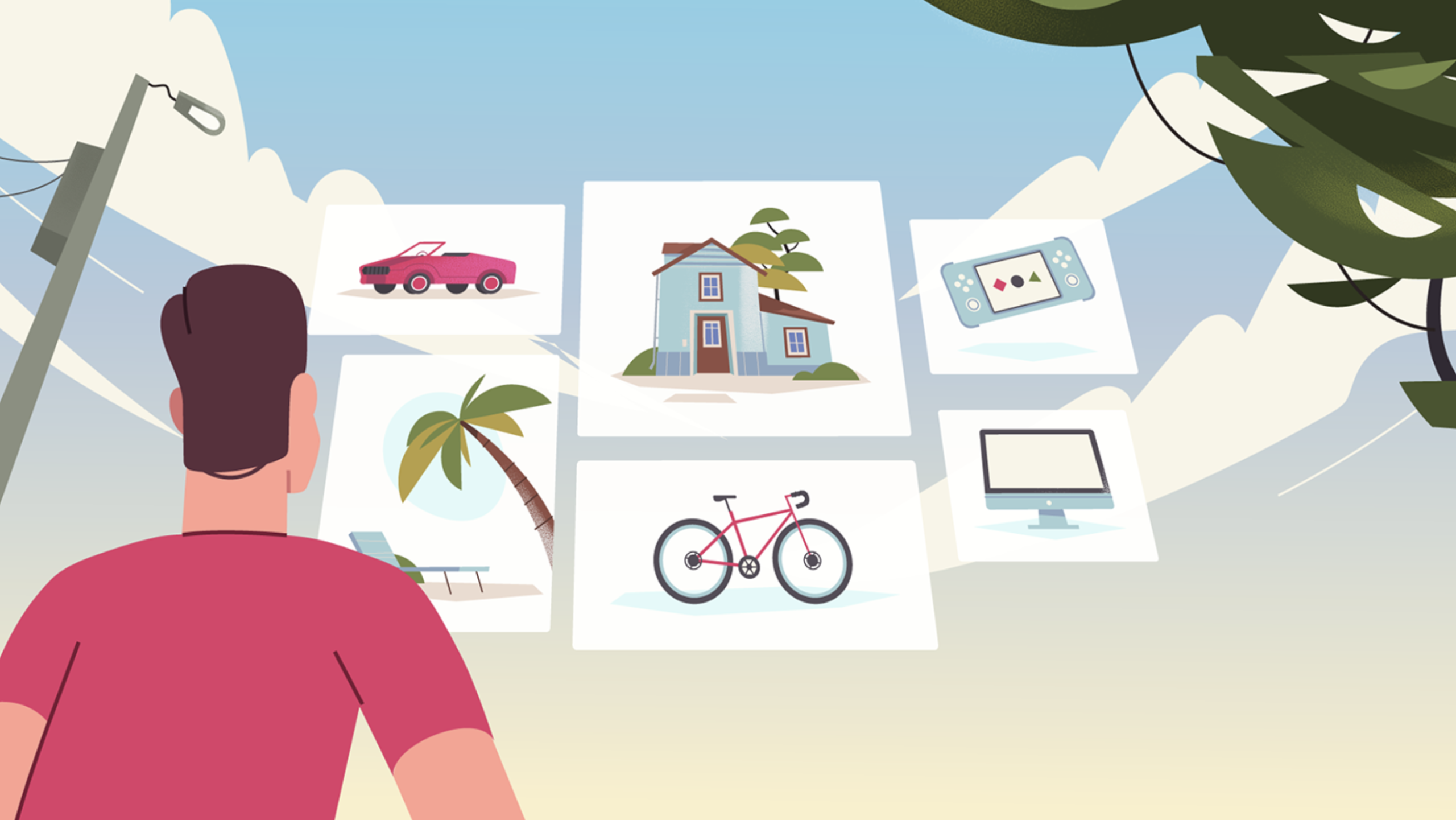 character looking at car, house, and card icons, visualizing choices from Zense