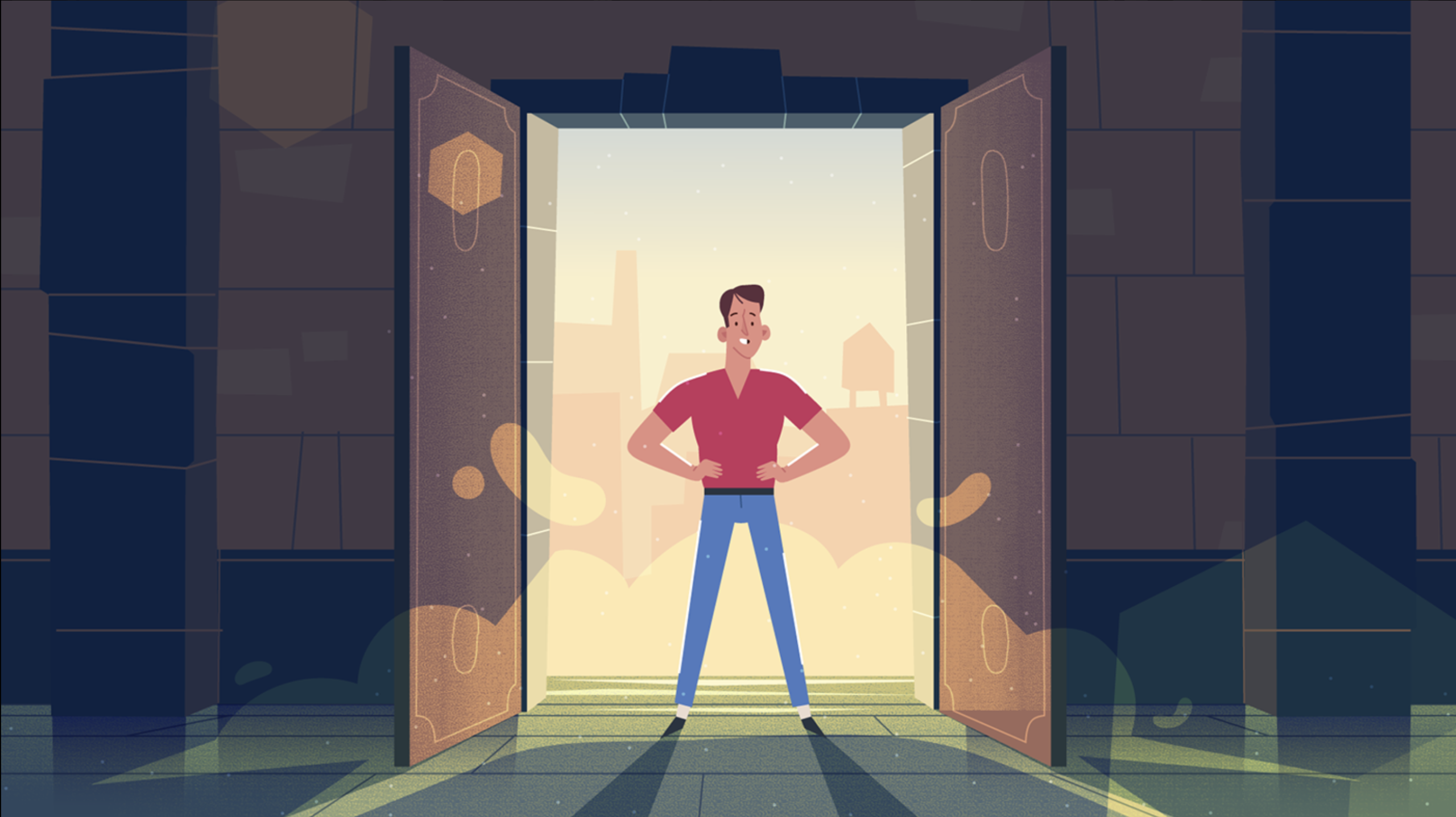 character standing in open temple doors, visualizing financial freedom with Zense explainer video.