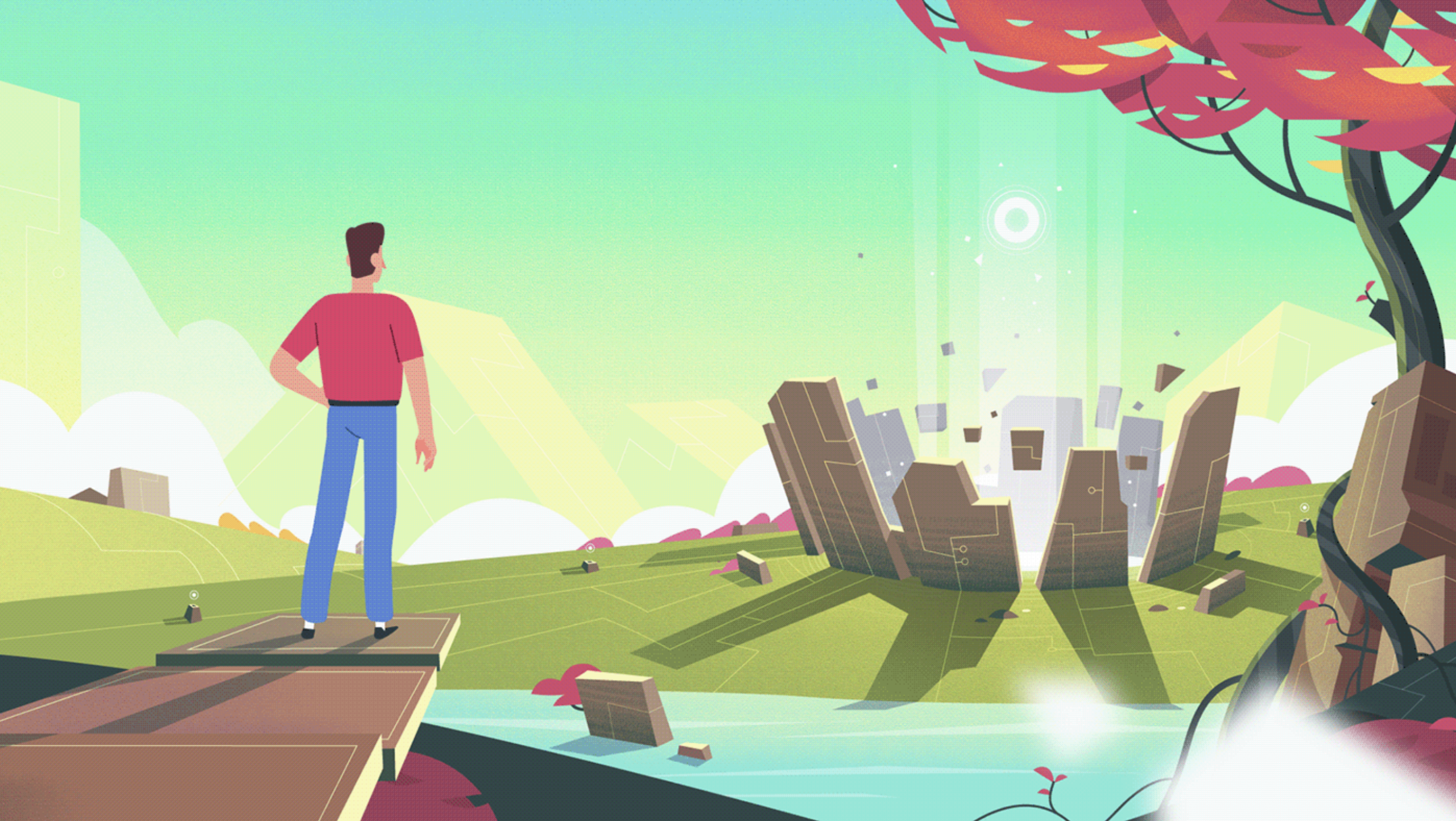 Character facing a glowing digital portal, symbolizing the future of Zense