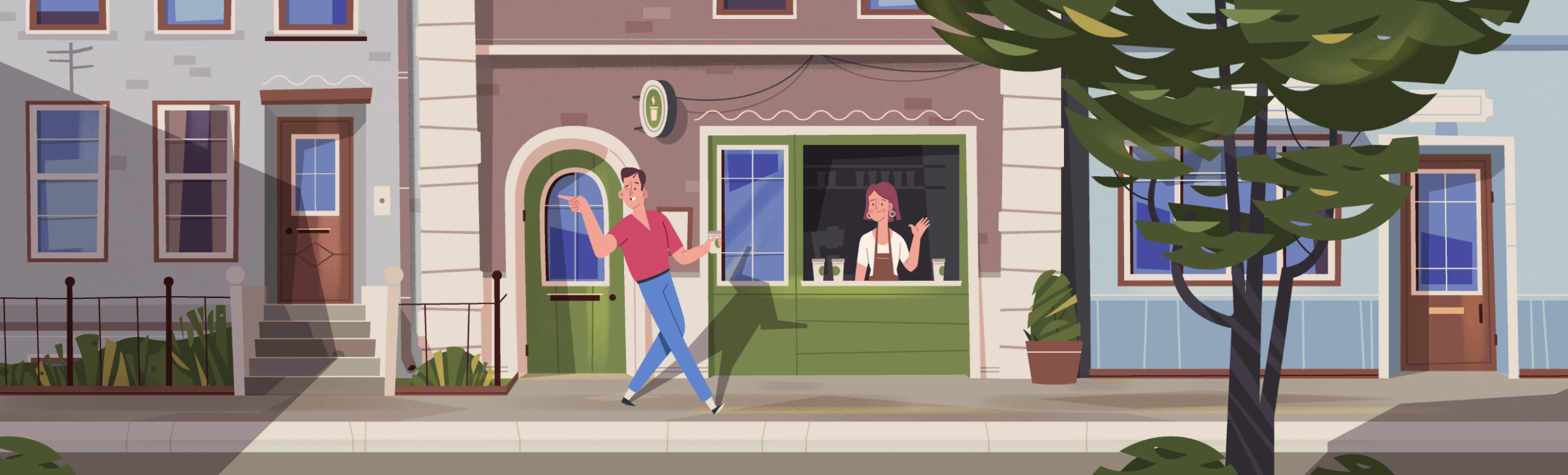 Character walking in a vibrant neighborhood, illustrating the ease of Zense explainer video.