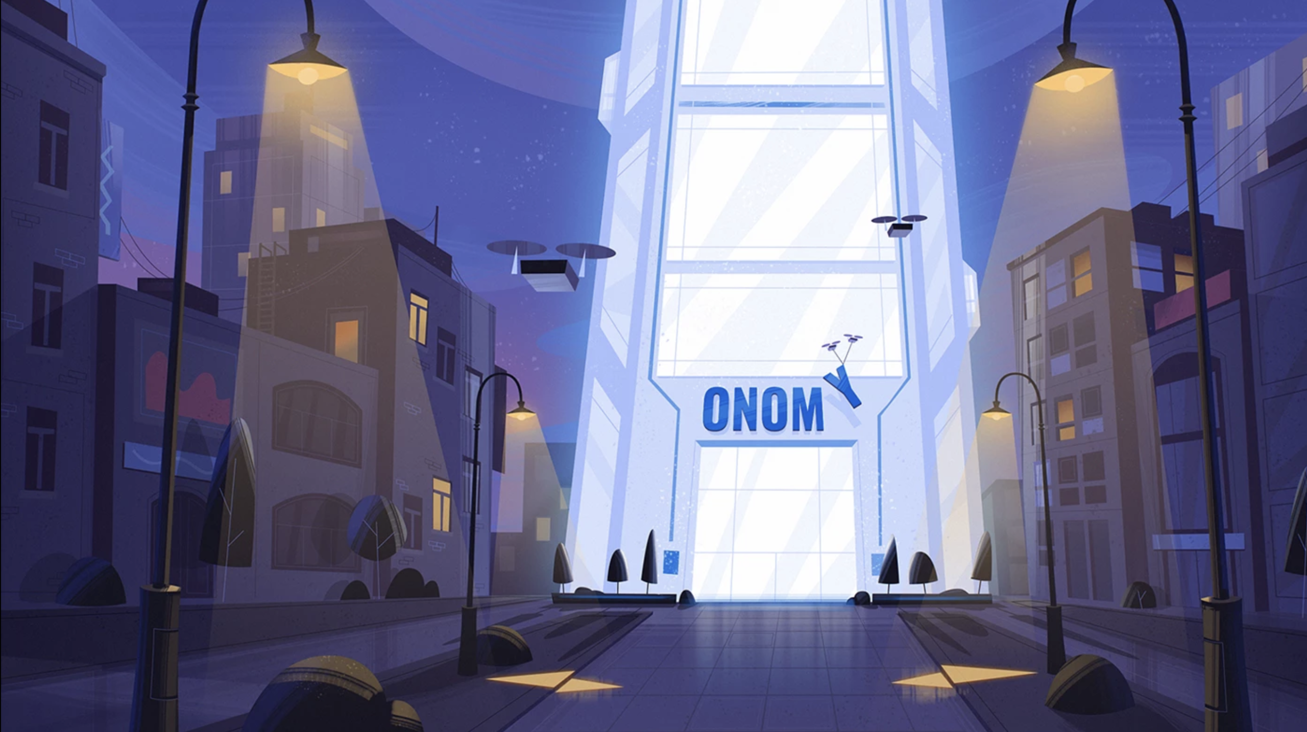 Close-up of the Onomy building at night, showcasing premium motion design for the Onomy Explainer Video.