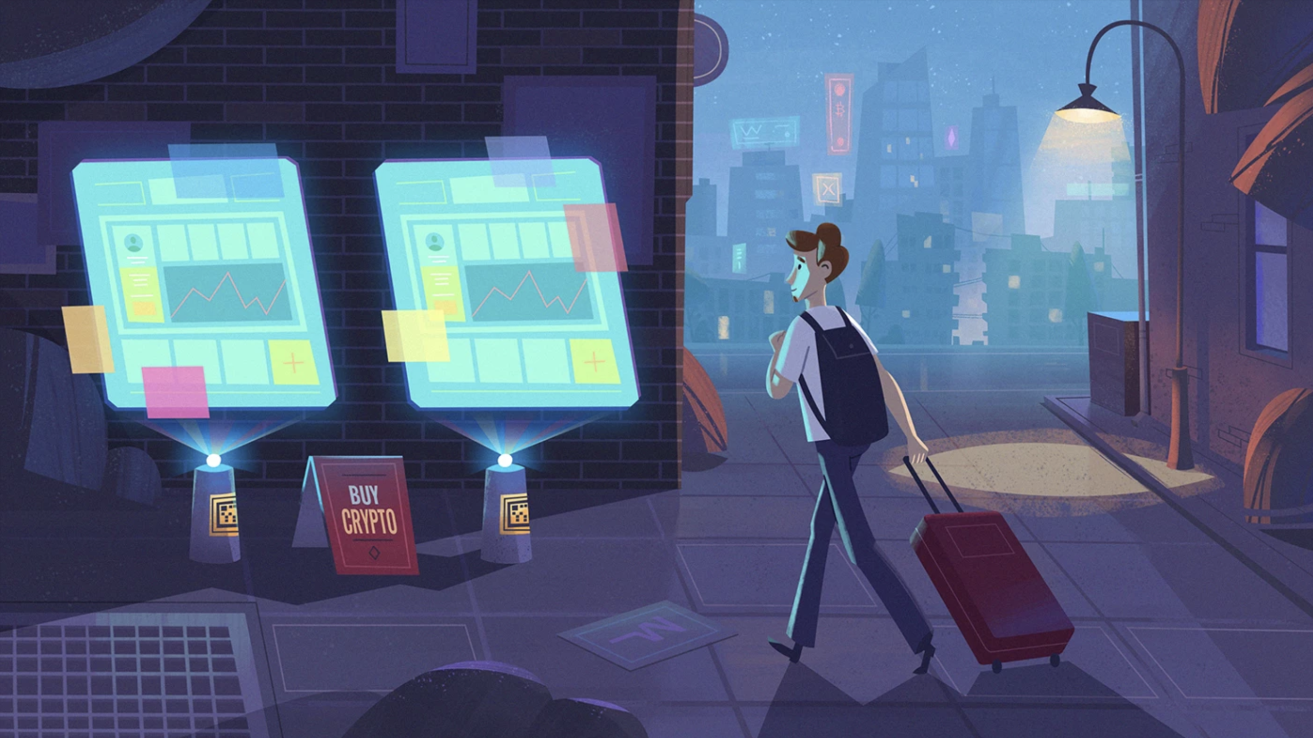 Character interacting with digital assets in an Onomy Video scene.