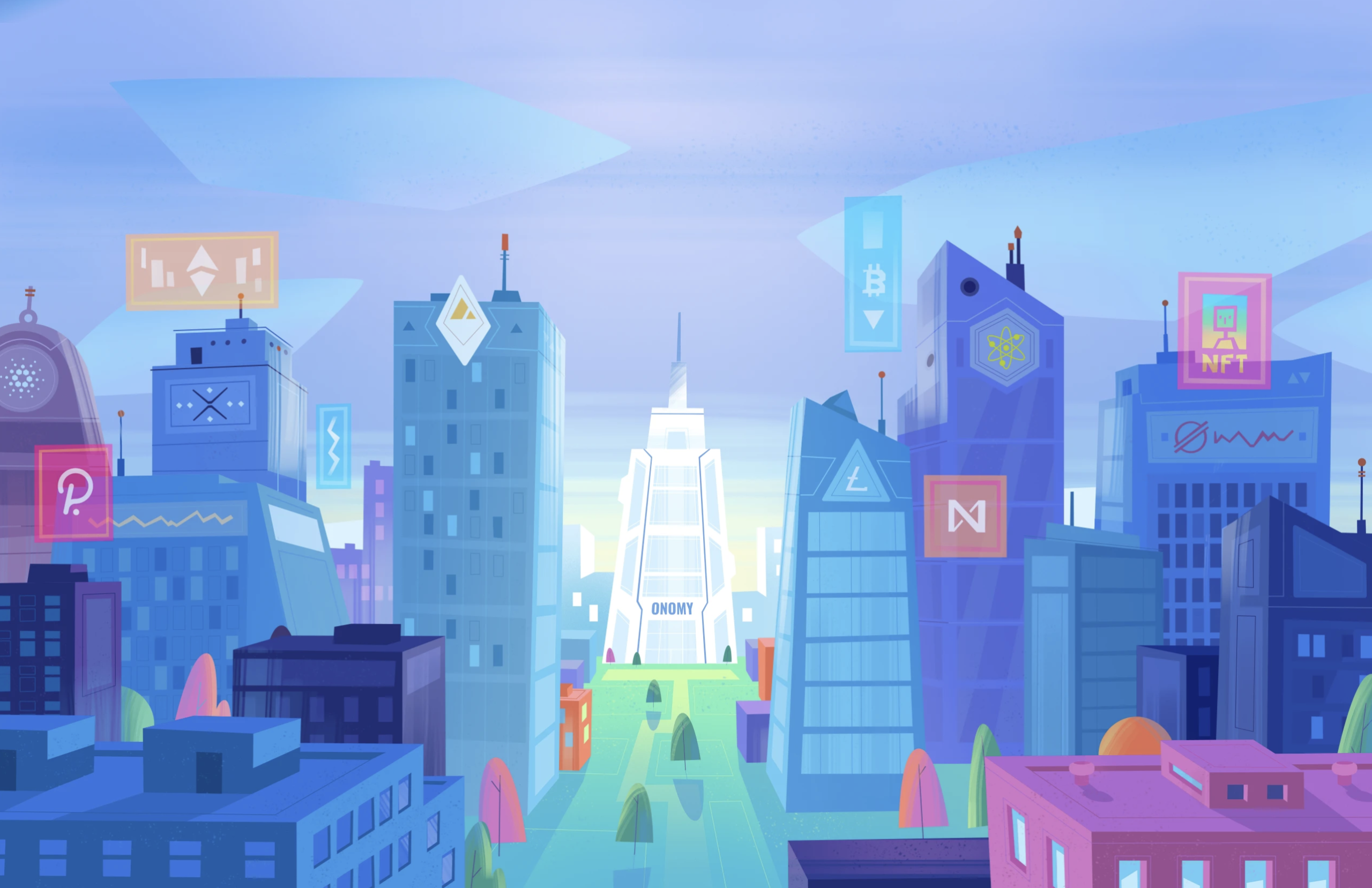 Futuristic digital cityscape featuring the central Onomy tower — a scene from the Onomy Explainer Video.