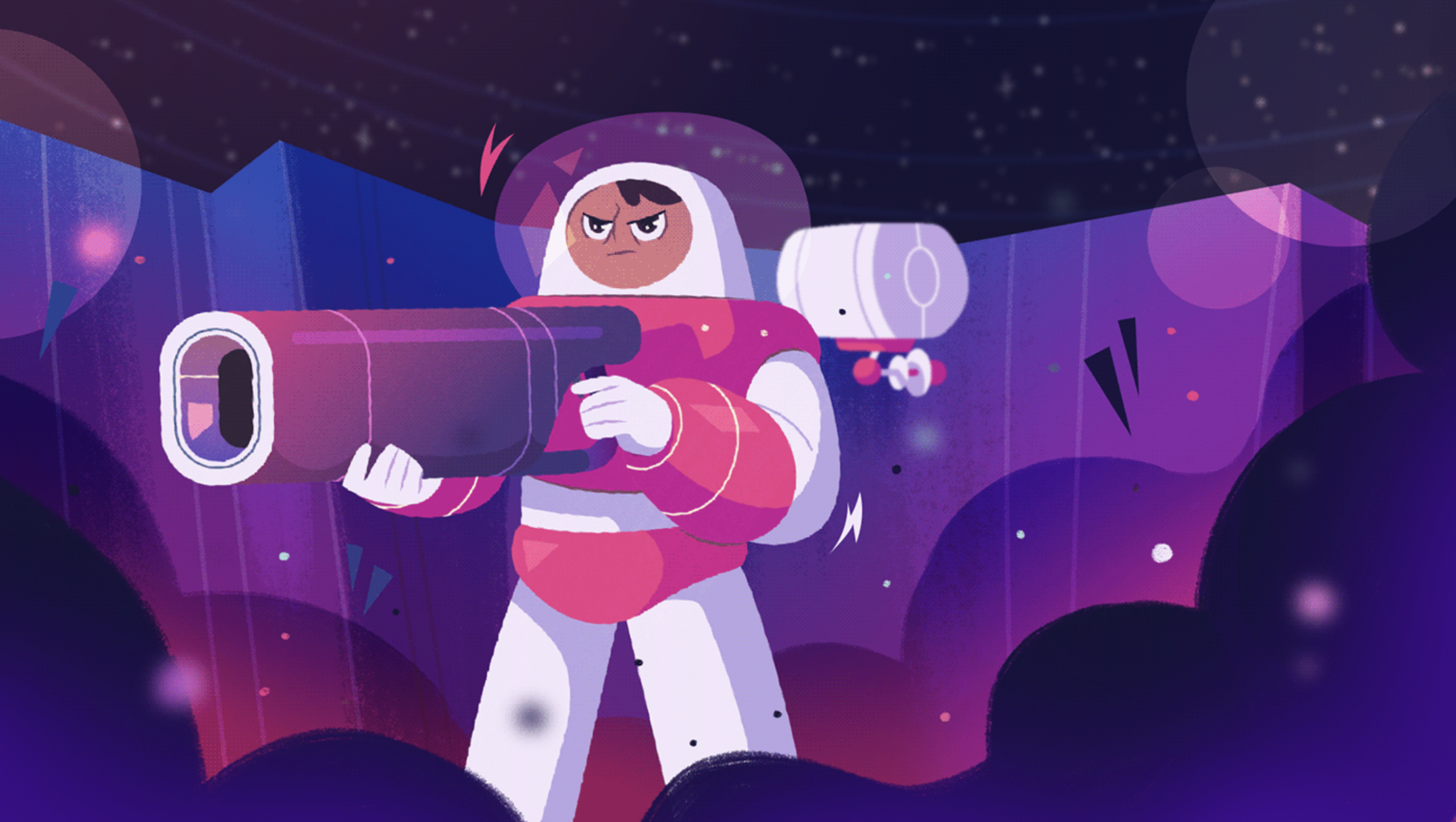 Animated cosmonaut fighting enemies in a space-themed explainer video for Nexus.