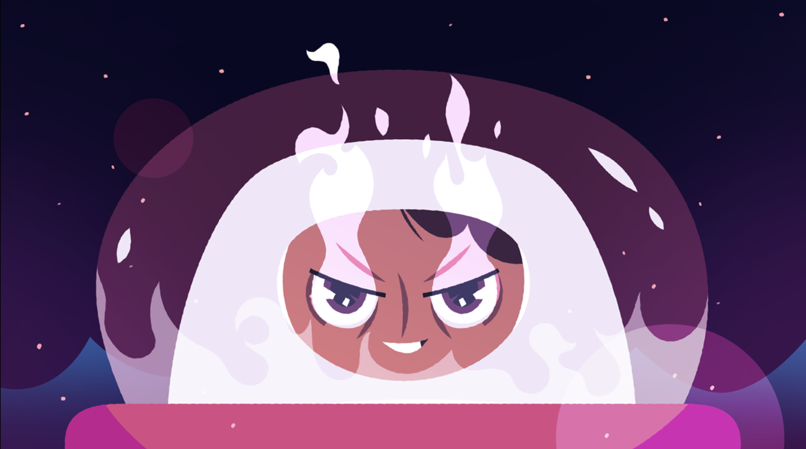 Close-up of smirking cosmonaut from an animated Nexus video.