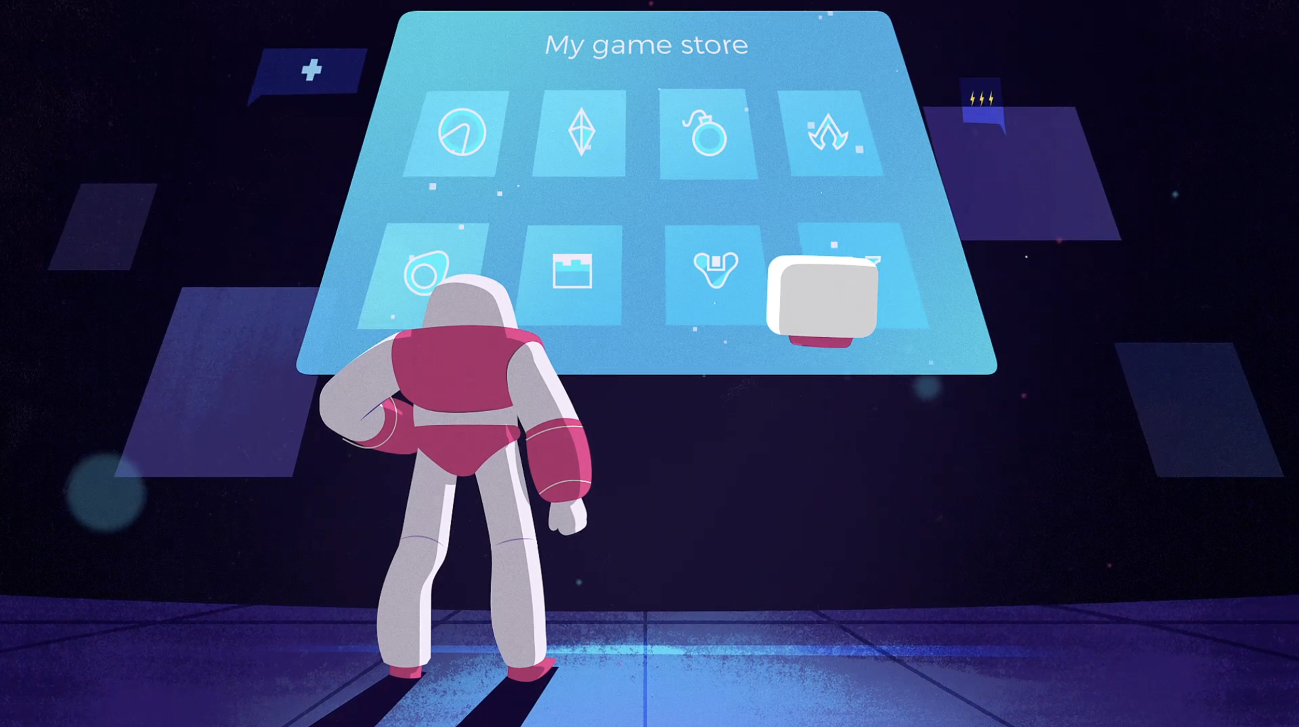 A cosmonaut from behind looks at a futuristic interface in an animated Nexus video.